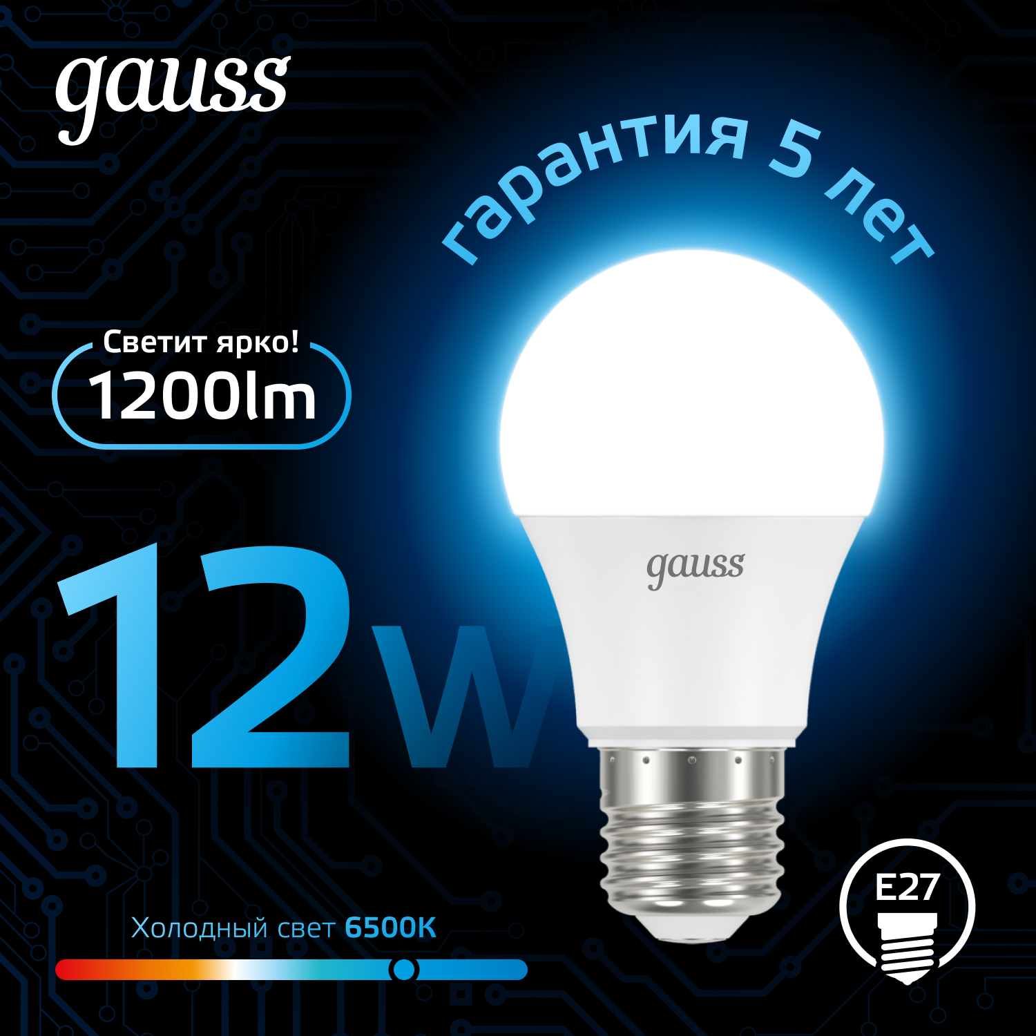 Светодиодная лампа Gauss A60 12W 1200lm 6500K E27 LED
