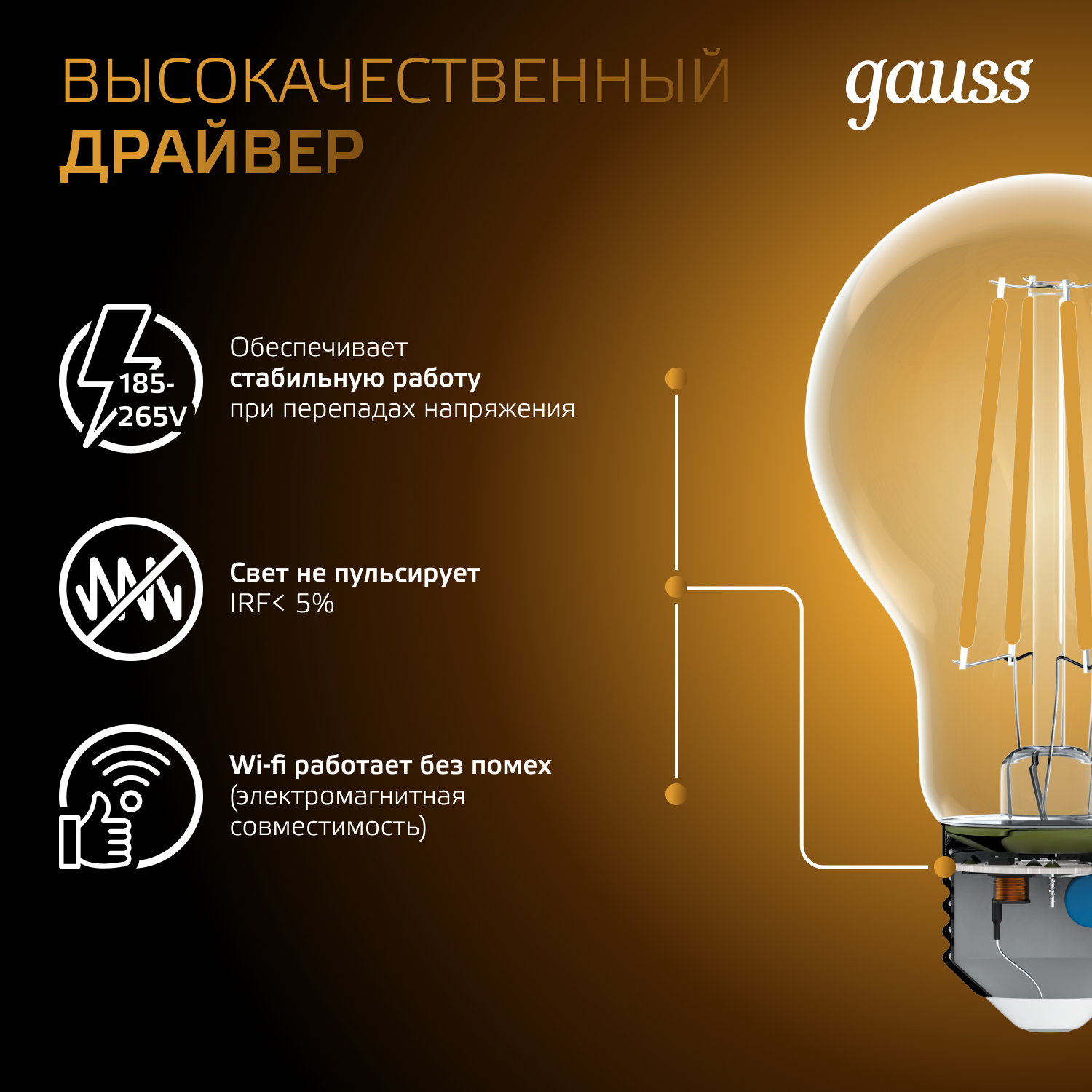 Светодиодная лампа Gauss А60 12Вт 1200Лм 2700К Е27 филамент