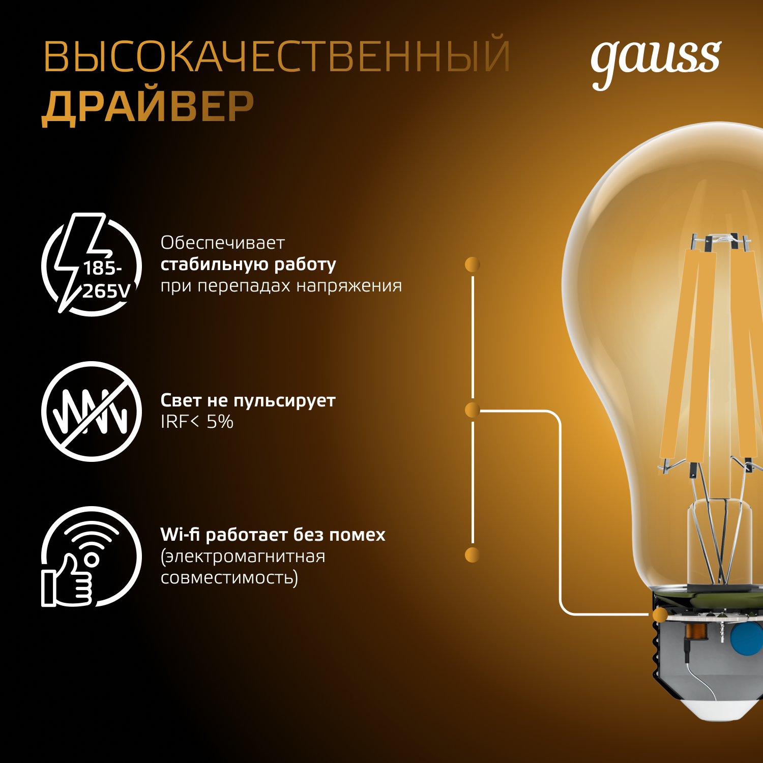 Светодиодная лампа Gauss А60 20Вт 1800Лм 2700К Е27 филамент