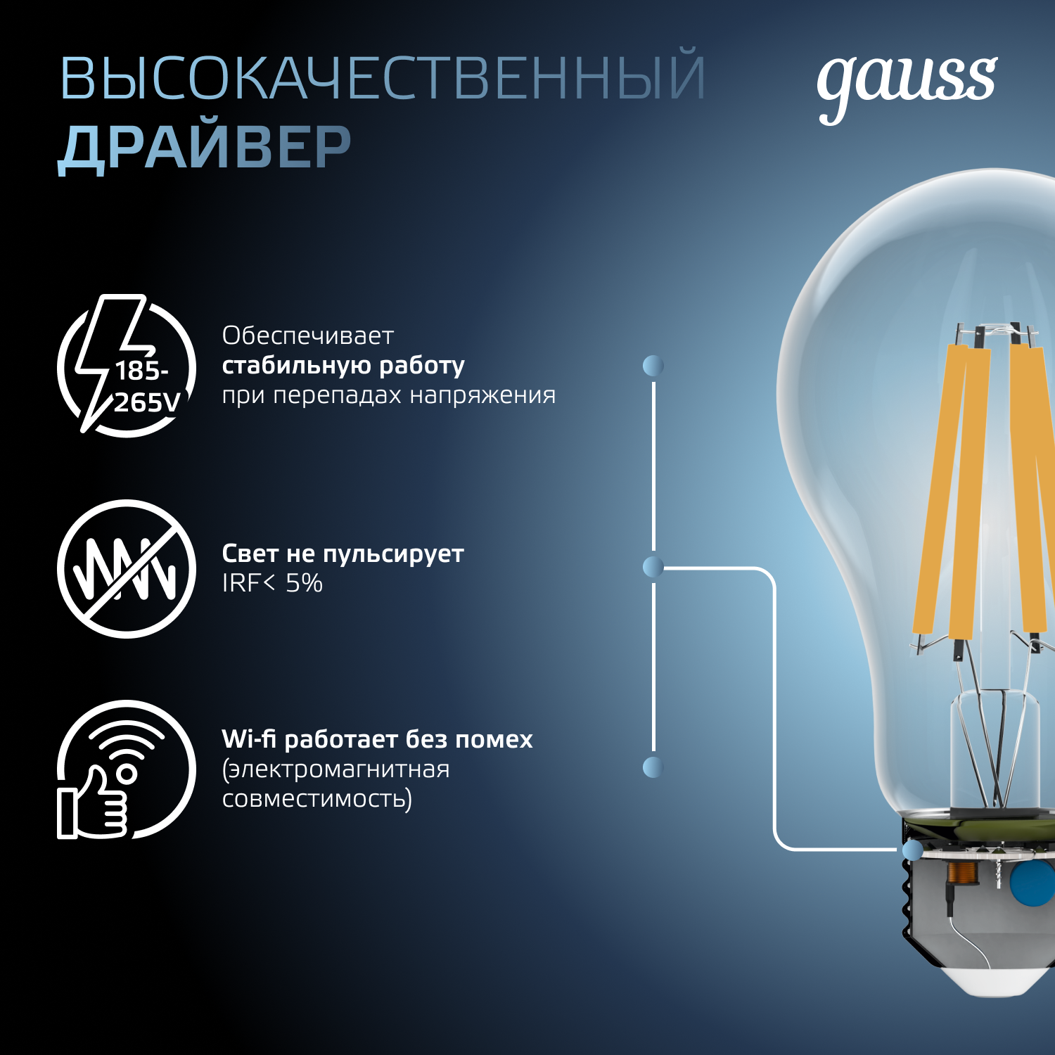 Светодиодная лампа Gauss А60 15Вт 1450Лм 4100К Е27 филамент
