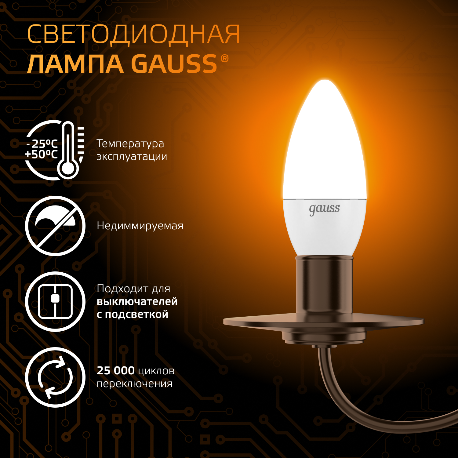 Светодиодная лампа свеча Gauss Candle С37 9.5Вт 150-265В 3000К E14