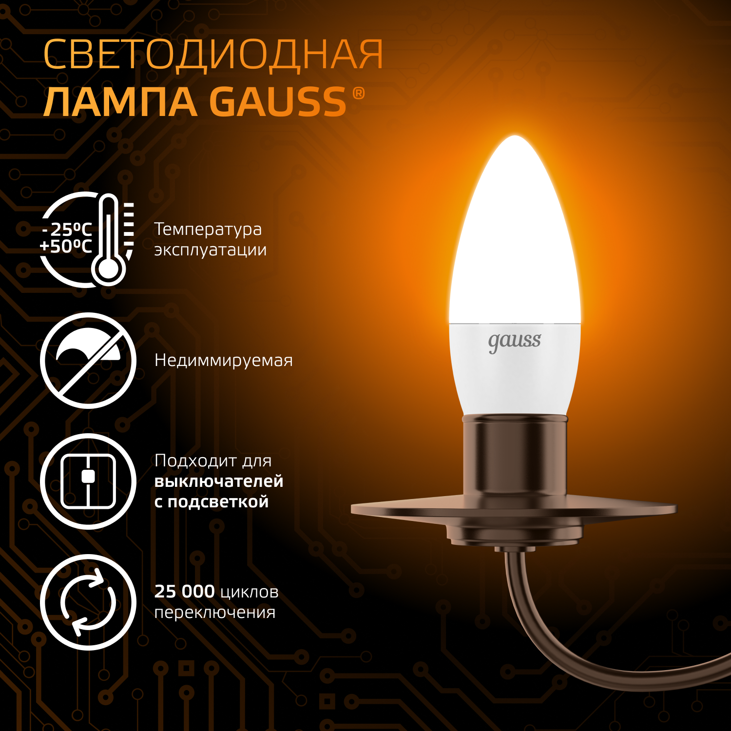 Светодиодная лампа свеча Gauss Candle С37 9.5Вт 150-265В 3000К E27