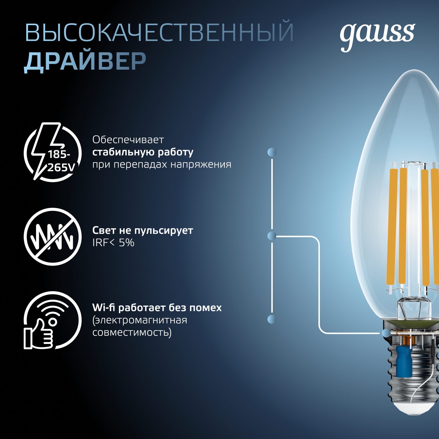 Светодиодная лампа свеча Gauss Candle С35  7Вт 150-265В 4100К E14 филаментная