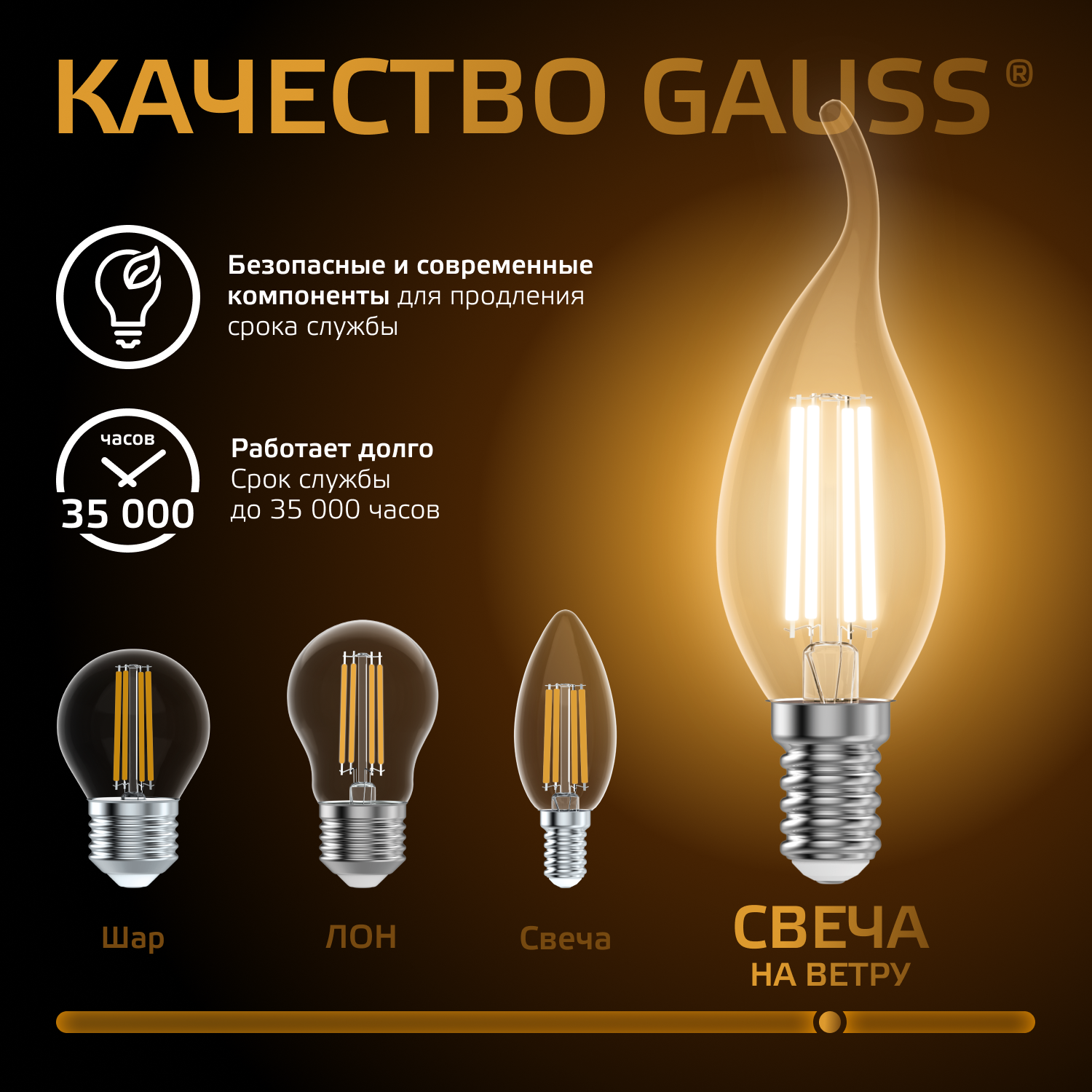Светодиодная лампа свеча Gauss Candle С35  7Вт 150-265В 2700К E14 филаментная