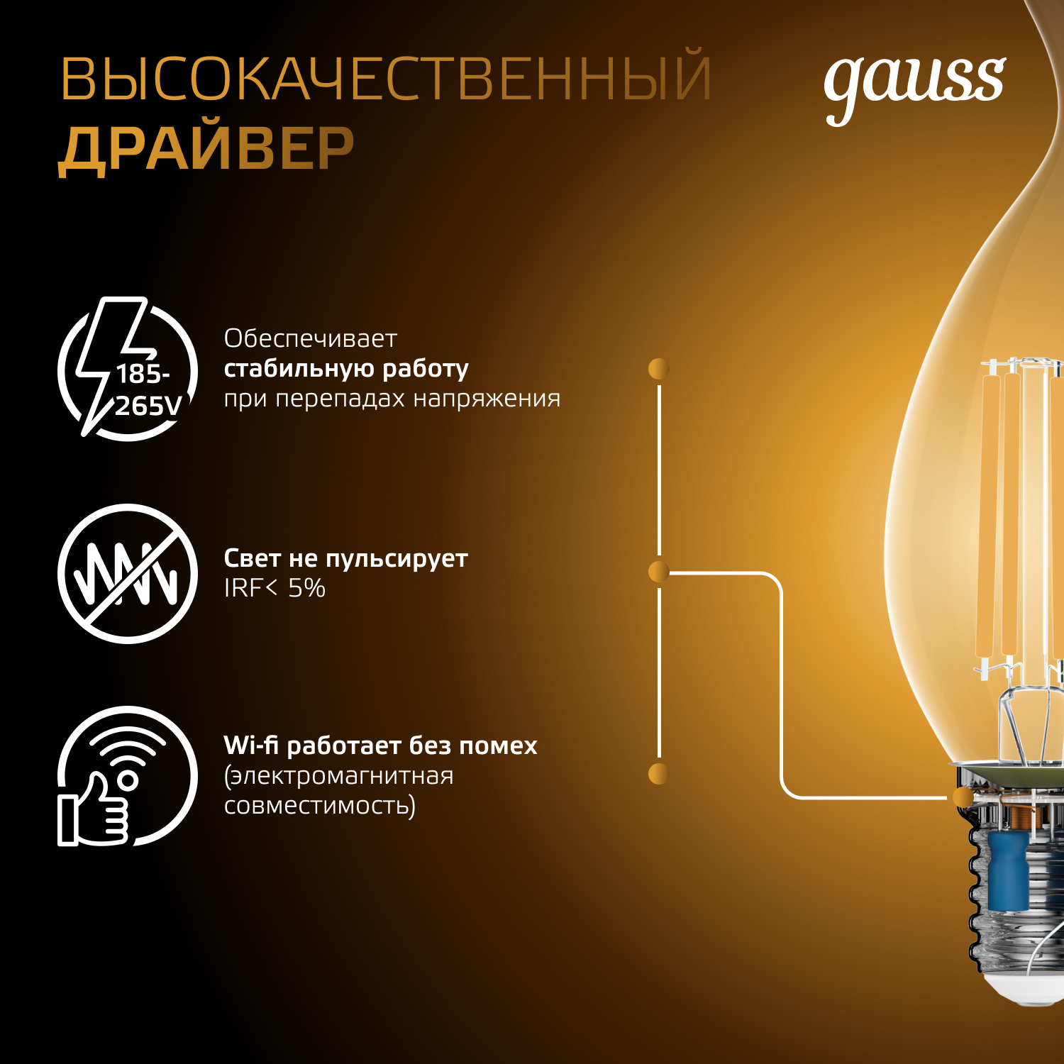 Светодиодная лампа свеча Gauss Candle С35  7Вт 150-265В 2700К E14 филаментная