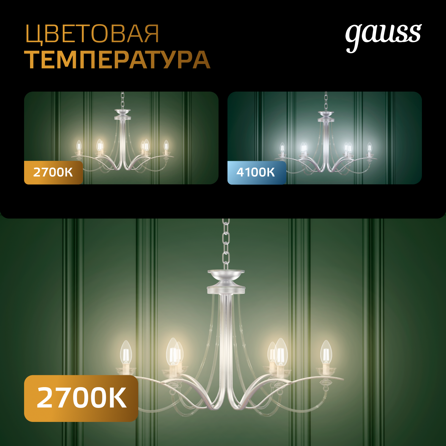 Светодиодная лампа свеча Gauss Candle С35  7Вт 150-265В 2700К E14 филаментная