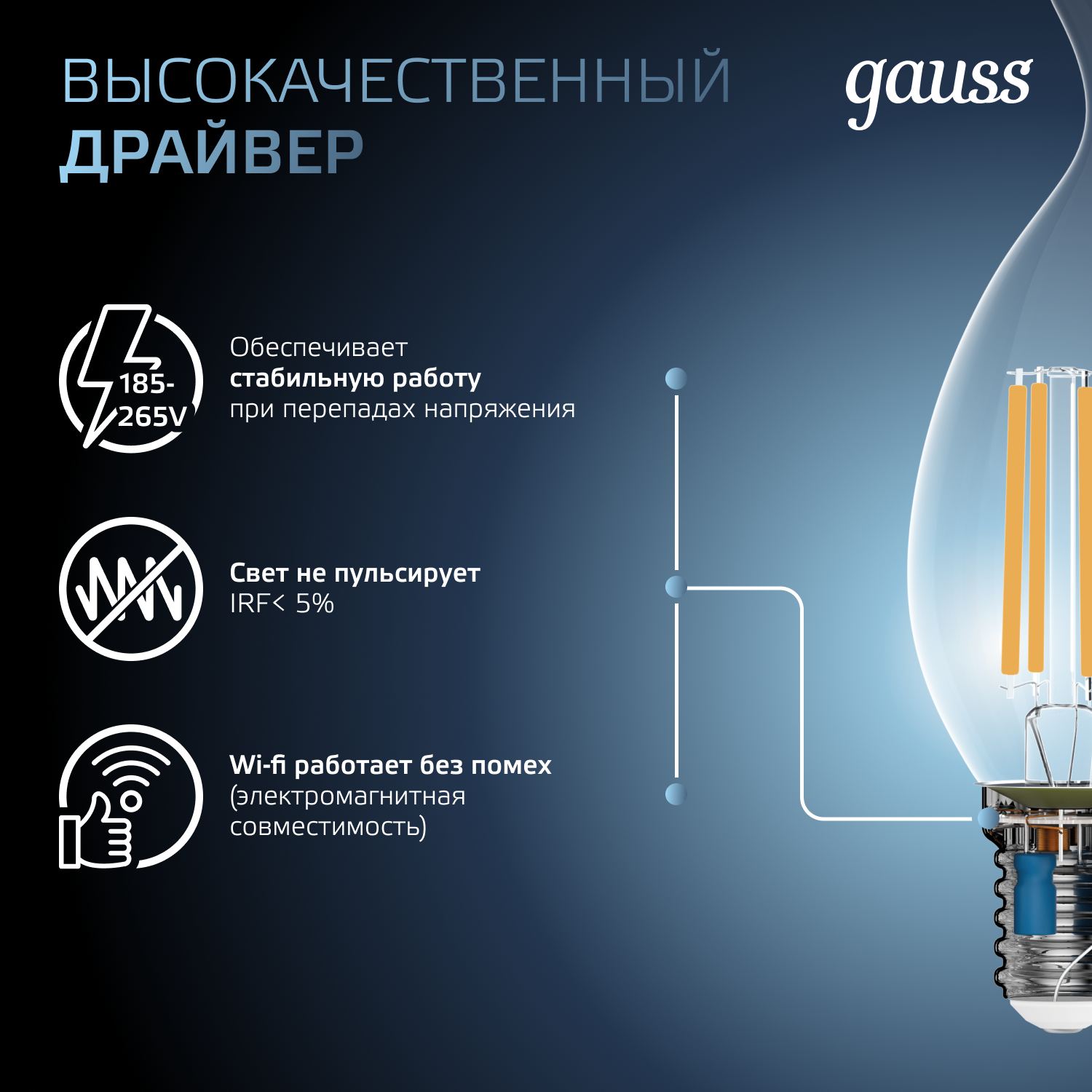 Светодиодная лампа свеча Gauss С35  9Вт 150-265В 4100K E14 филаментная