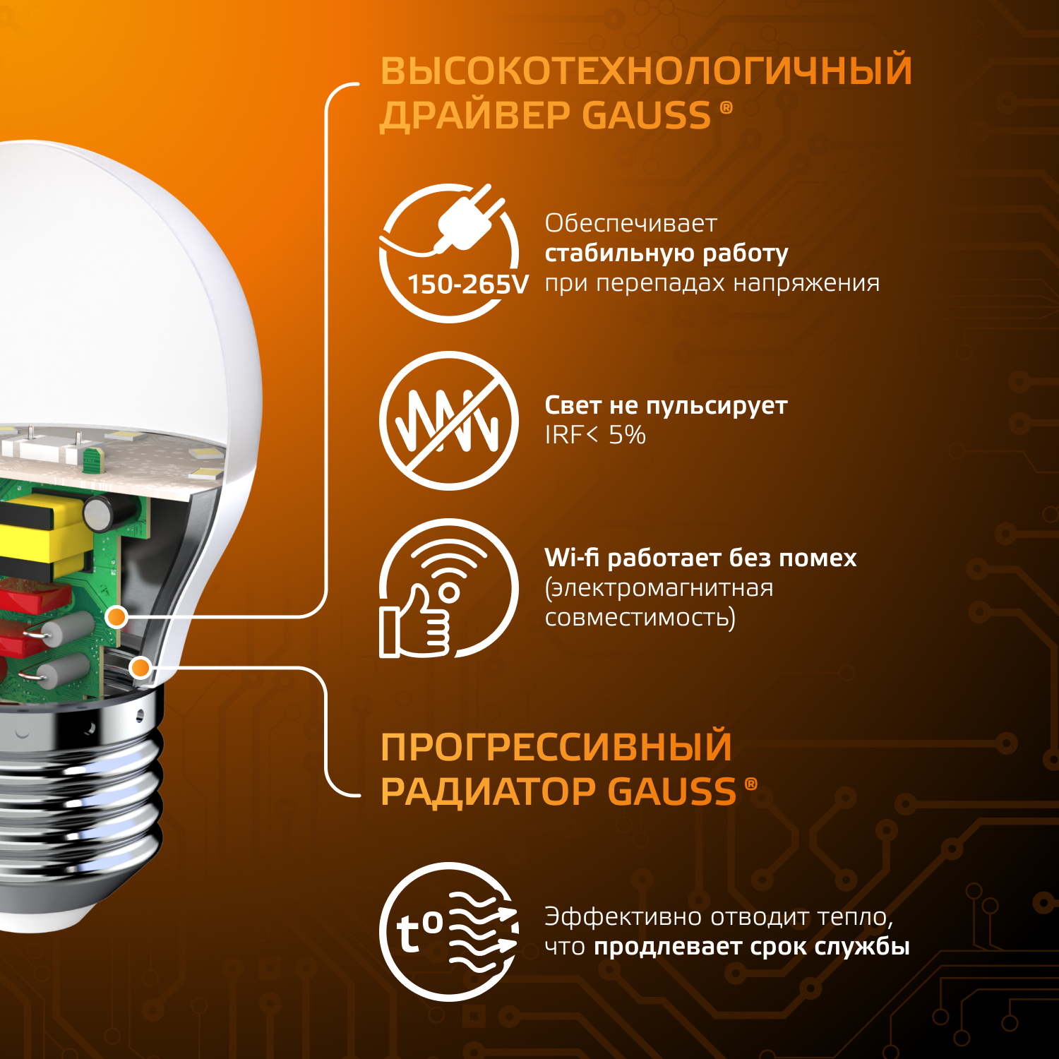 Светодиодная лампа "шарик" Gauss Globe G45  9.5Вт 150-265В 3000K E27