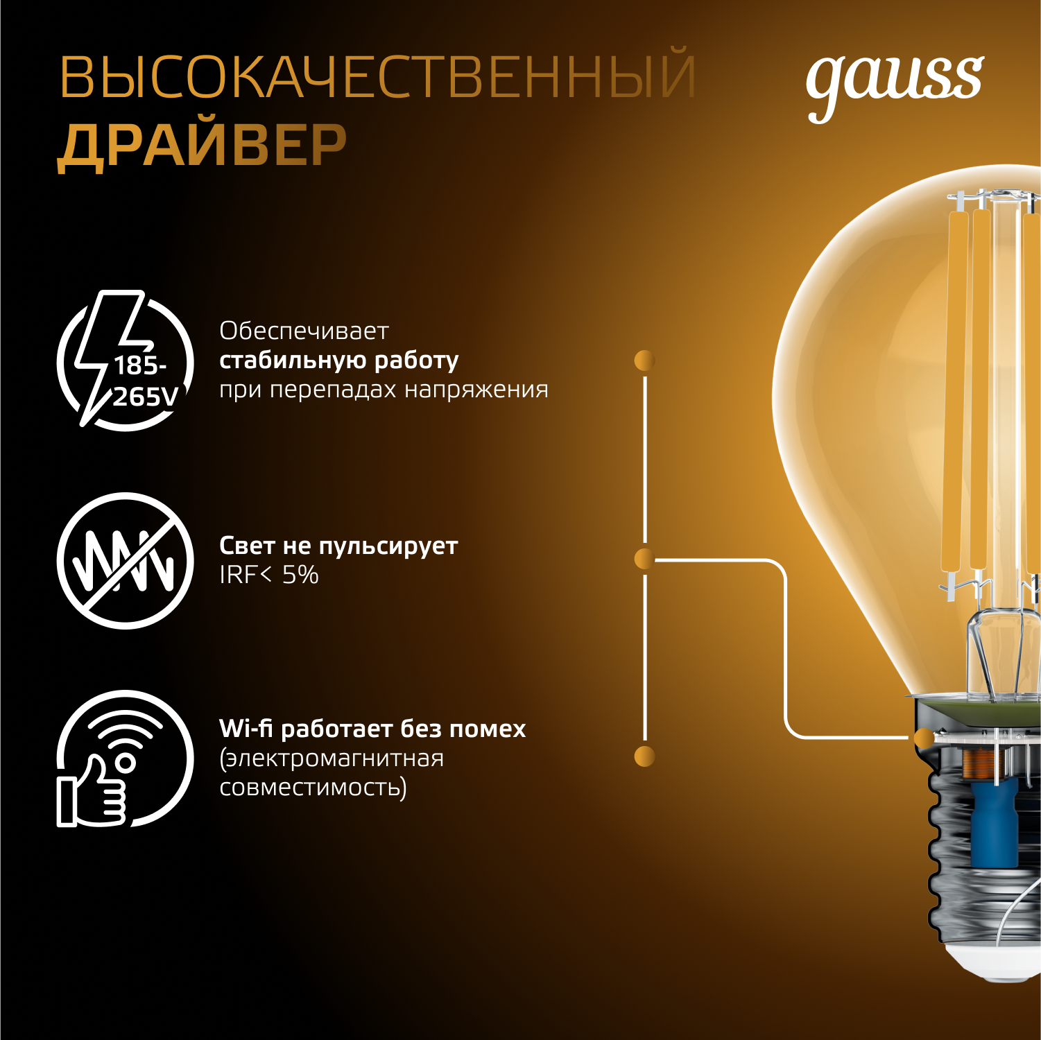 Светодиодная лампа "шарик" Gauss G45 11Вт 150-265В 2700K E14 филаментная