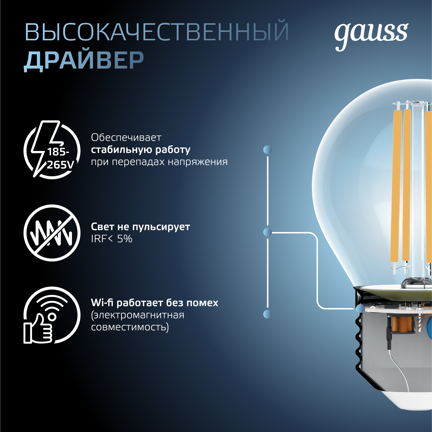 Светодиодная лампа "шарик" Gauss Globe G45  5Вт 150-265В 4100K E27 филаментная