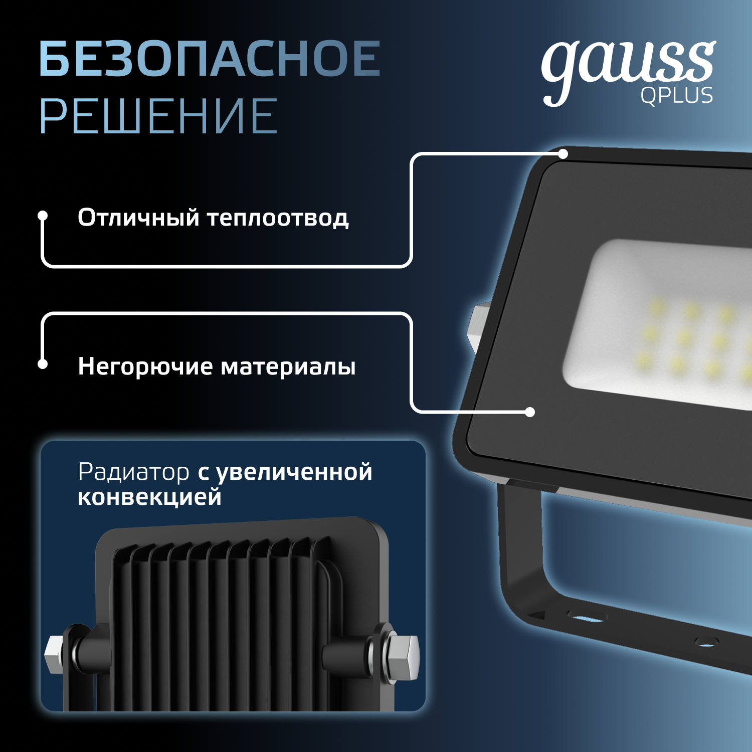 Прожектор светодиодный Gauss Qplus 10Вт 6500К 900Лм IP65 115х108х26