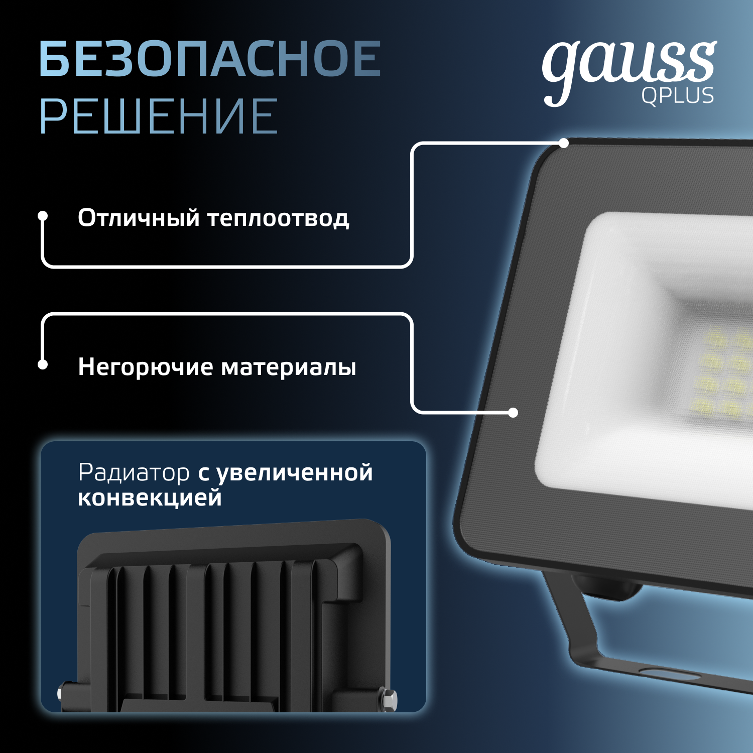 Прожектор светодиодный Gauss  20W   6500К 1800Лм IP65  140х122х28 мм черный Qplus
