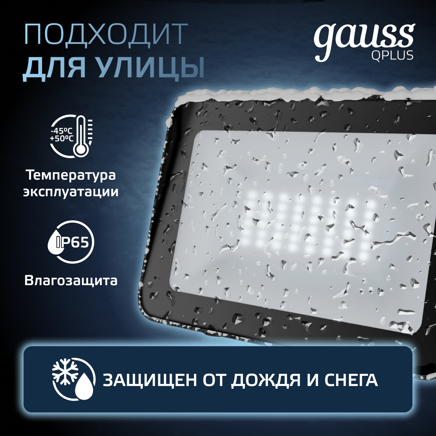 Прожектор светодиодный Gauss 30W   6500К 2700Лм IP65  170х151х30 мм черный Qplus