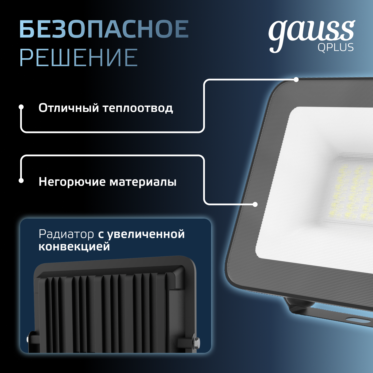 Прожектор светодиодный Gauss 30W   6500К 2700Лм IP65  170х151х30 мм черный Qplus