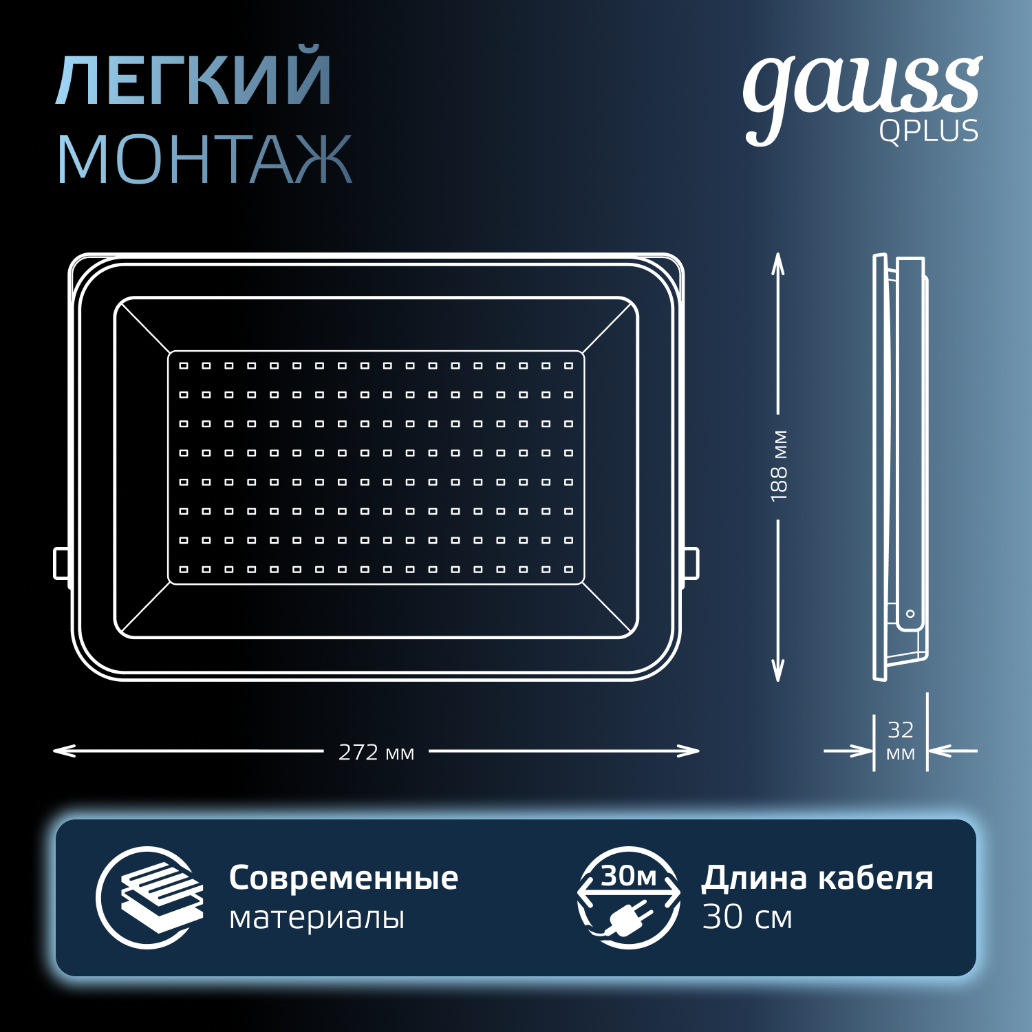 Прожектор Gauss 100W   6500К 10500Лм IP65  210х283х32  мм графитовый Qplus