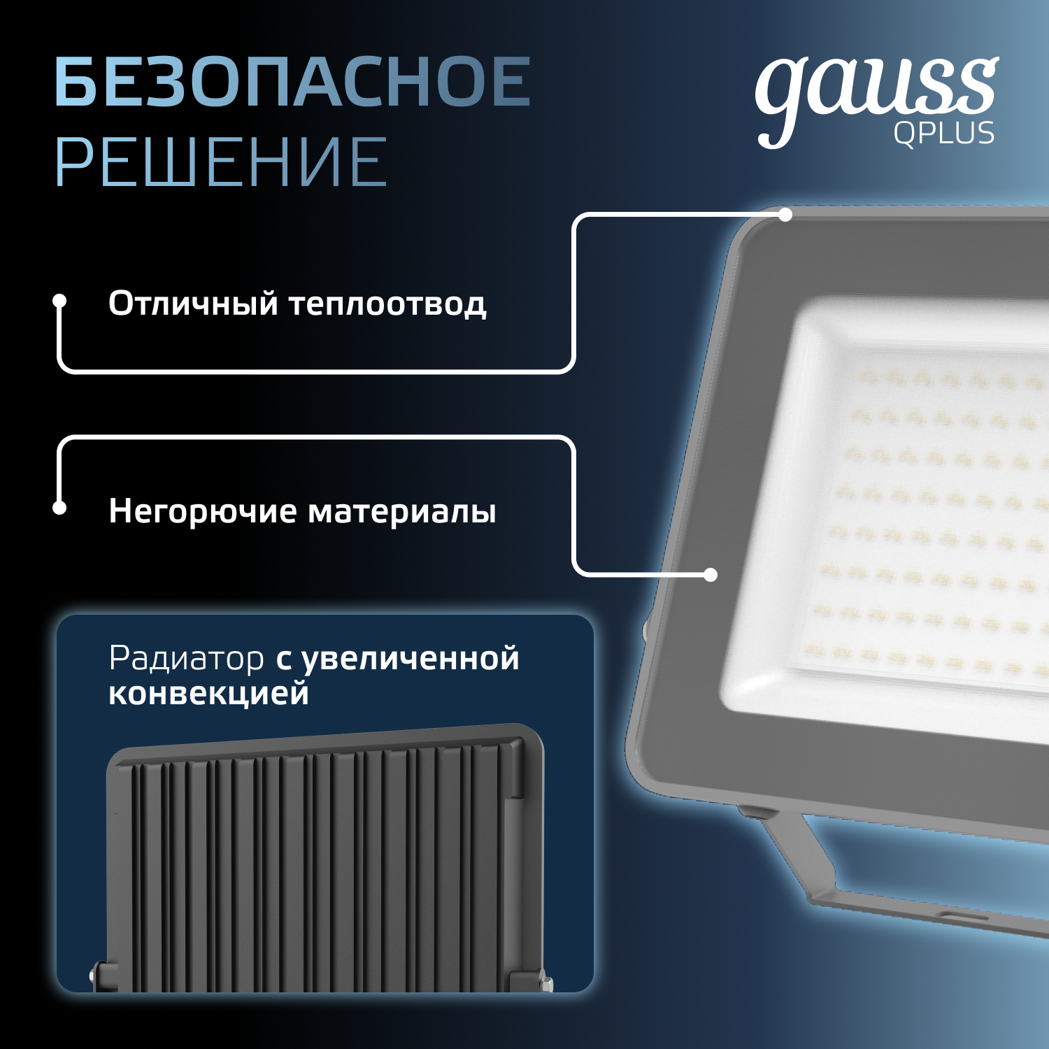 Прожектор Gauss 100W   6500К 10500Лм IP65  210х283х32  мм графитовый Qplus