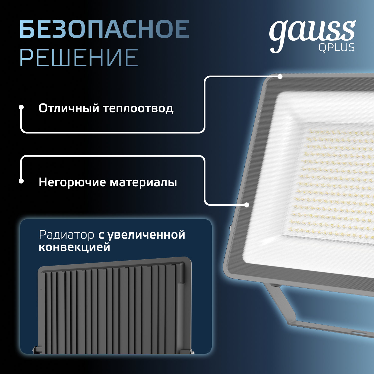 Прожектор светодиодный Gauss 150W   6500К 18000Лм IP65  404х32х*48 мм графитовый Qplus