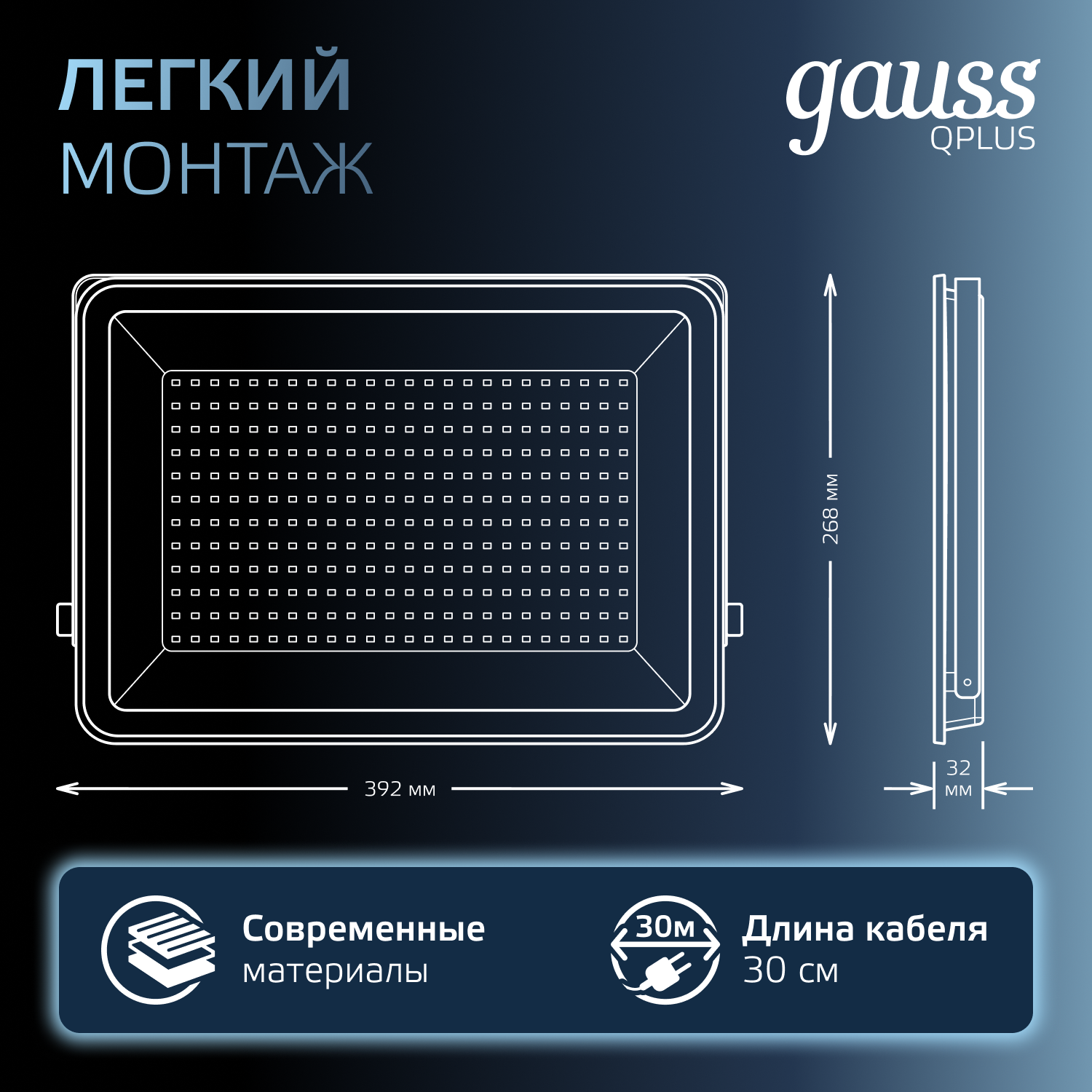 Прожектор Gauss 200W   6500К 24000Лм IP65  439х346х48 мм графитовый Qplus