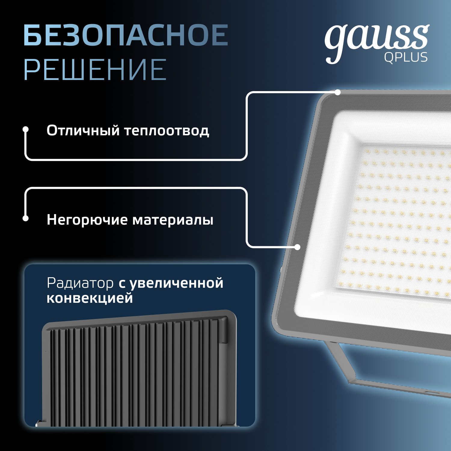 Прожектор Gauss 200W   6500К 24000Лм IP65  439х346х48 мм графитовый Qplus
