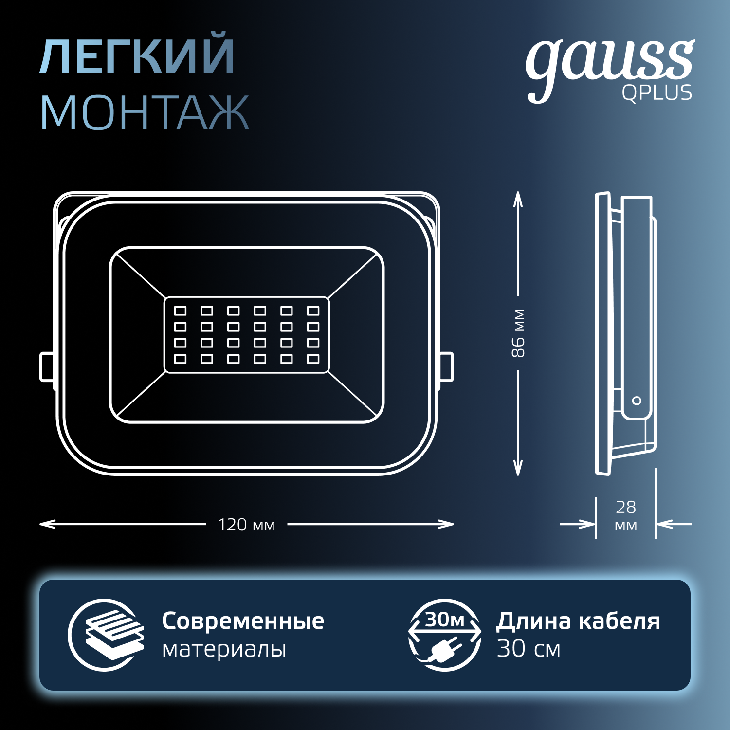 Прожектор Gauss 20W   6500К 1700Лм IP65 153х13х*278 мм графитовый Qplus