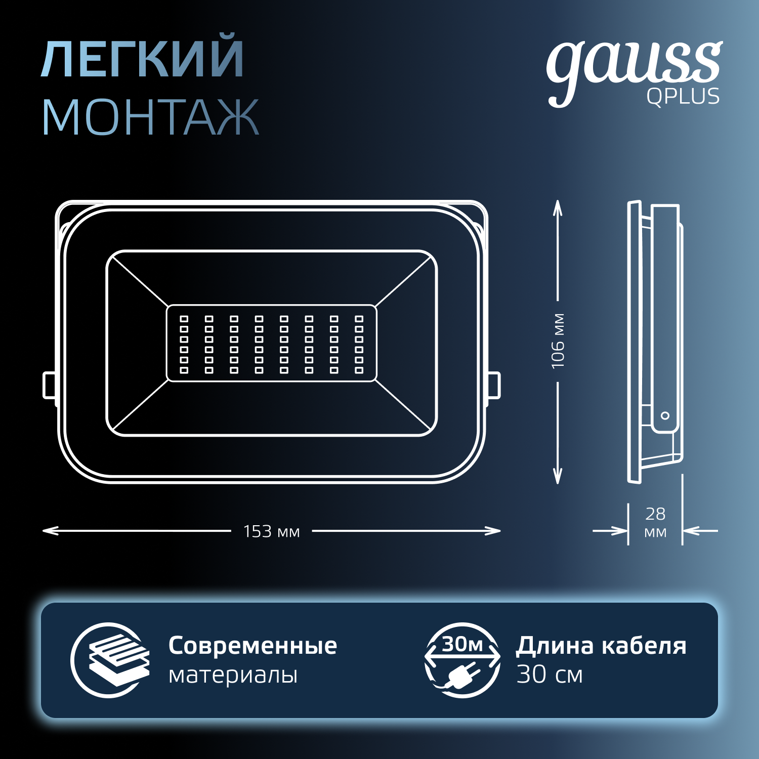 Прожектор Gauss 30W   6500К 2550Лм IP65 178х152х28  мм графитовый Qplus