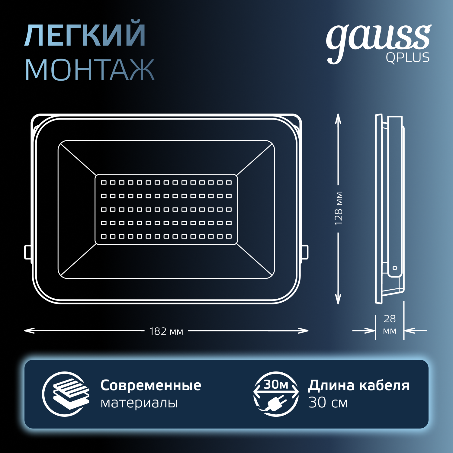 Прожектор светодиодный Gauss  50Вт  6500К  4250Лм  IP65  223х188х28 черный / графитовый LED Qplus