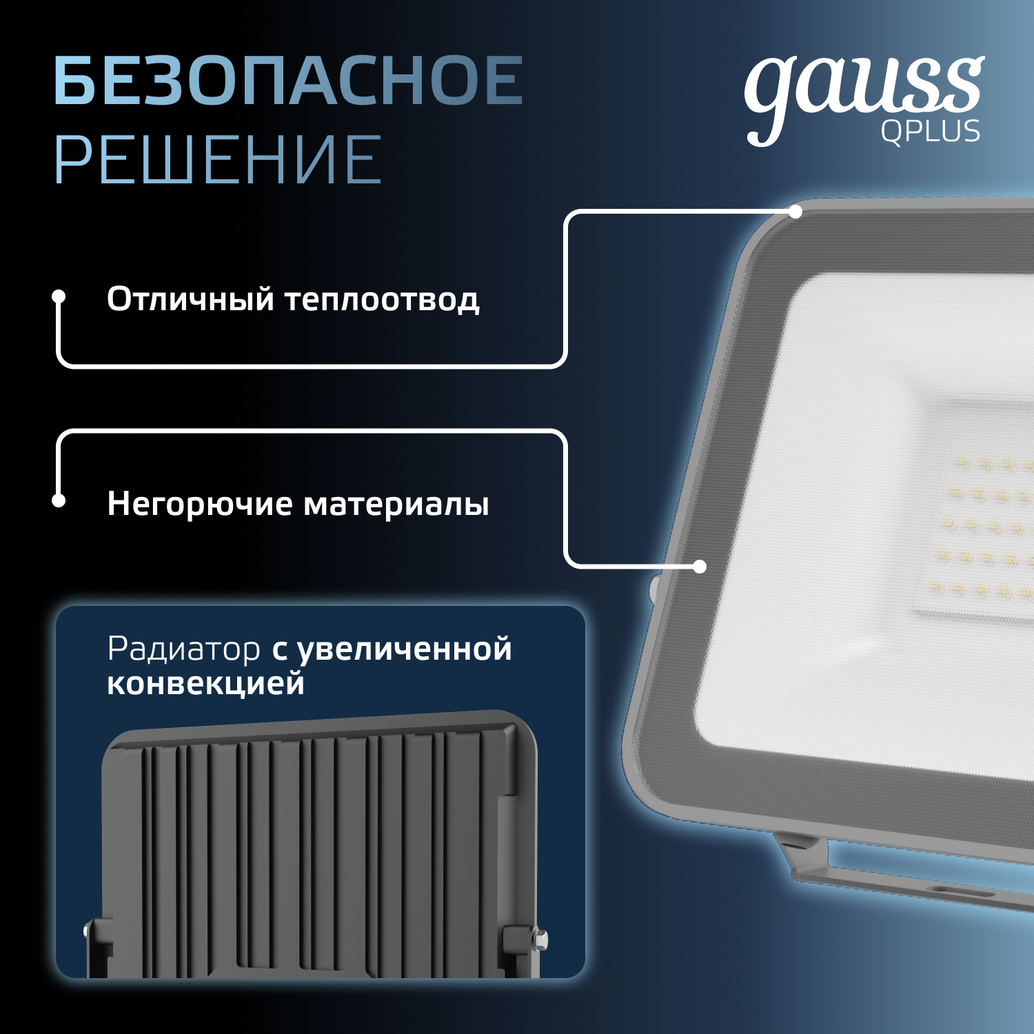 Прожектор светодиодный Gauss  50Вт  6500К  4250Лм  IP65  223х188х28 черный / графитовый LED Qplus